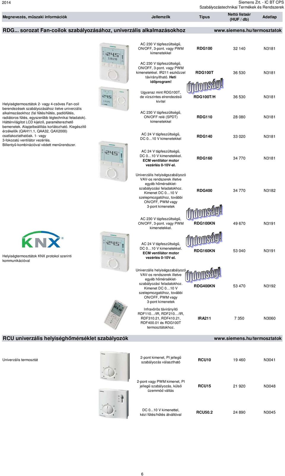 RDG100T 36 530 N3181 Helyiségtermosztátok 2- vagy 4-csöves Fan-coil berendezések szabályozásához iletve univerzális alkalmazásokhoz (fal f tés/h tés, padlóf tés, radiátoros f tés, egyszer bb