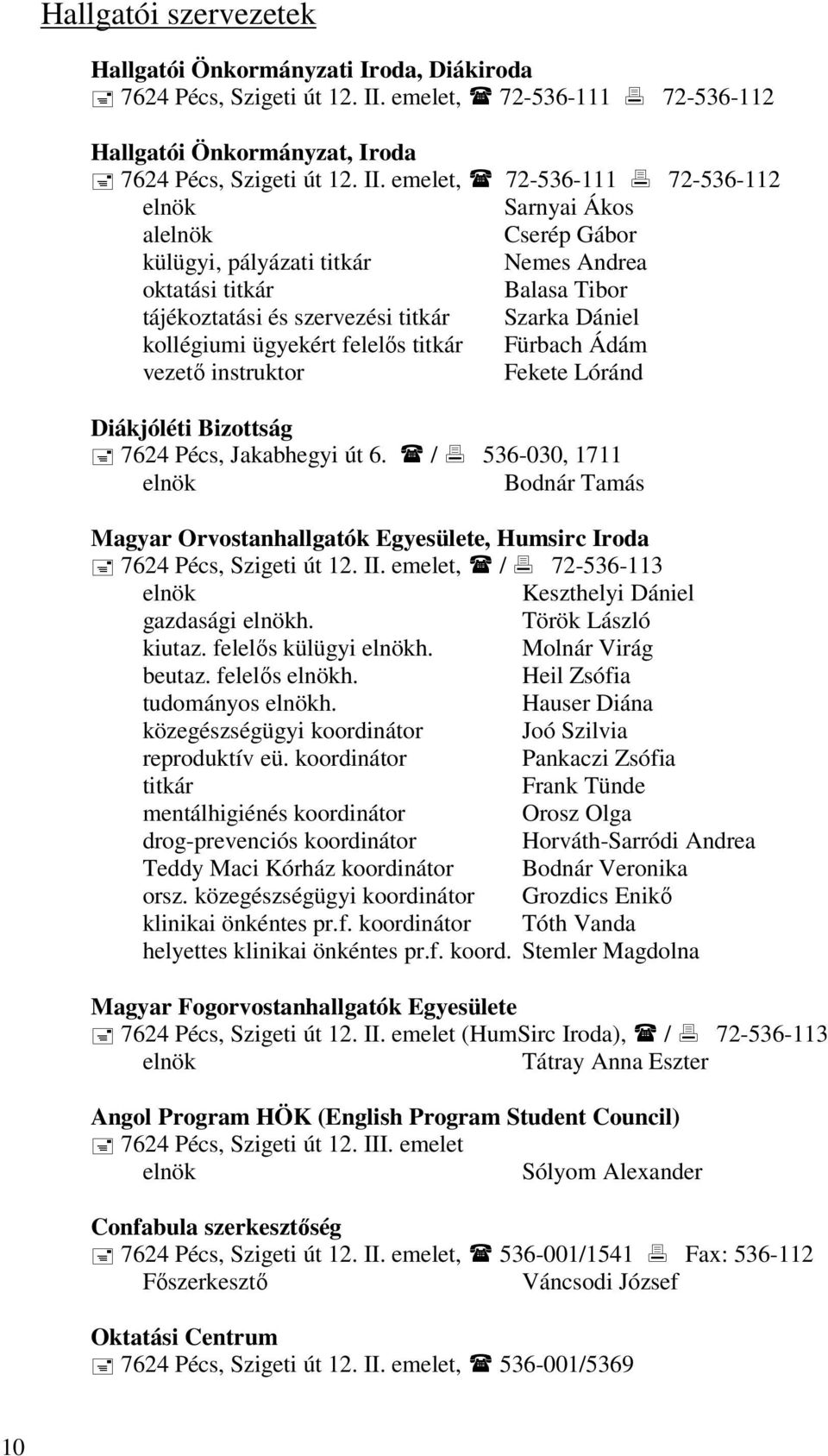 emelet, 72-536-111 72-536-112 elnök Sarnyai Ákos alelnök Cserép Gábor külügyi, pályázati titkár Nemes Andrea oktatási titkár Balasa Tibor tájékoztatási és szervezési titkár Szarka Dániel kollégiumi