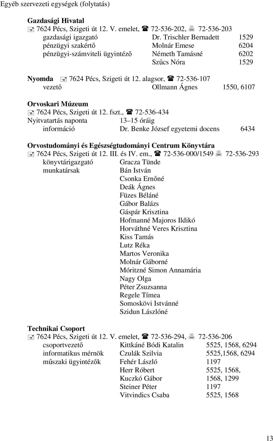 alagsor, 72-536-107 vezető Ollmann Ágnes 1550, 6107 Orvoskari Múzeum 7624 Pécs, Szigeti út 12. fszt., 72-536-434 Nyitvatartás naponta 13 15 óráig információ Dr.