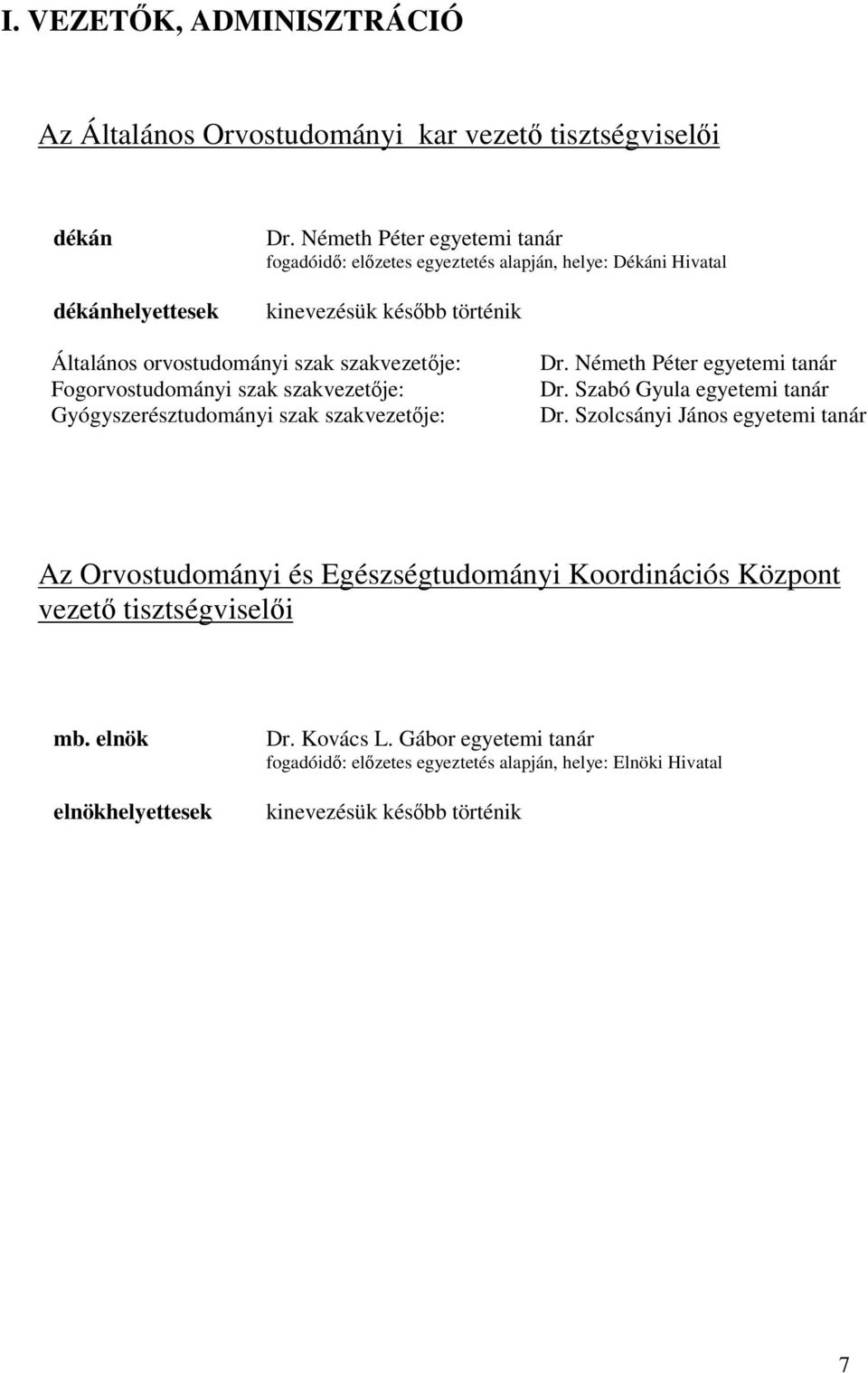 Fogorvostudományi szak szakvezetője: Gyógyszerésztudományi szak szakvezetője: Dr. Németh Péter egyetemi tanár Dr. Szabó Gyula egyetemi tanár Dr.