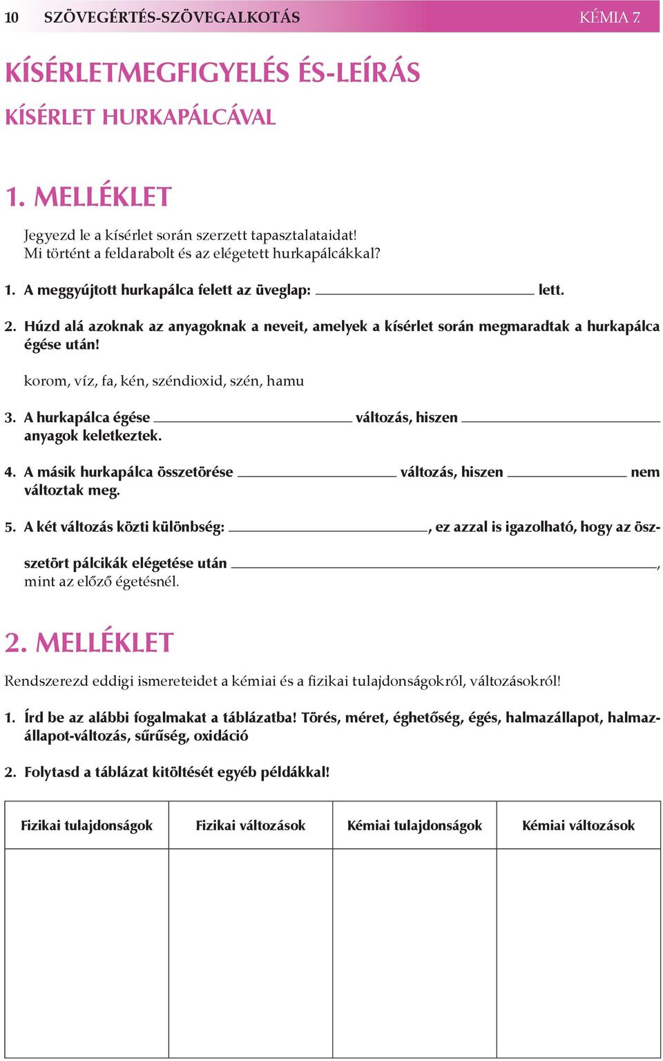 Húzd alá azoknak az anyagoknak a neveit, amelyek a kísérlet során megmaradtak a hurkapálca égése után! korom, víz, fa, kén, széndioxid, szén, hamu 3.