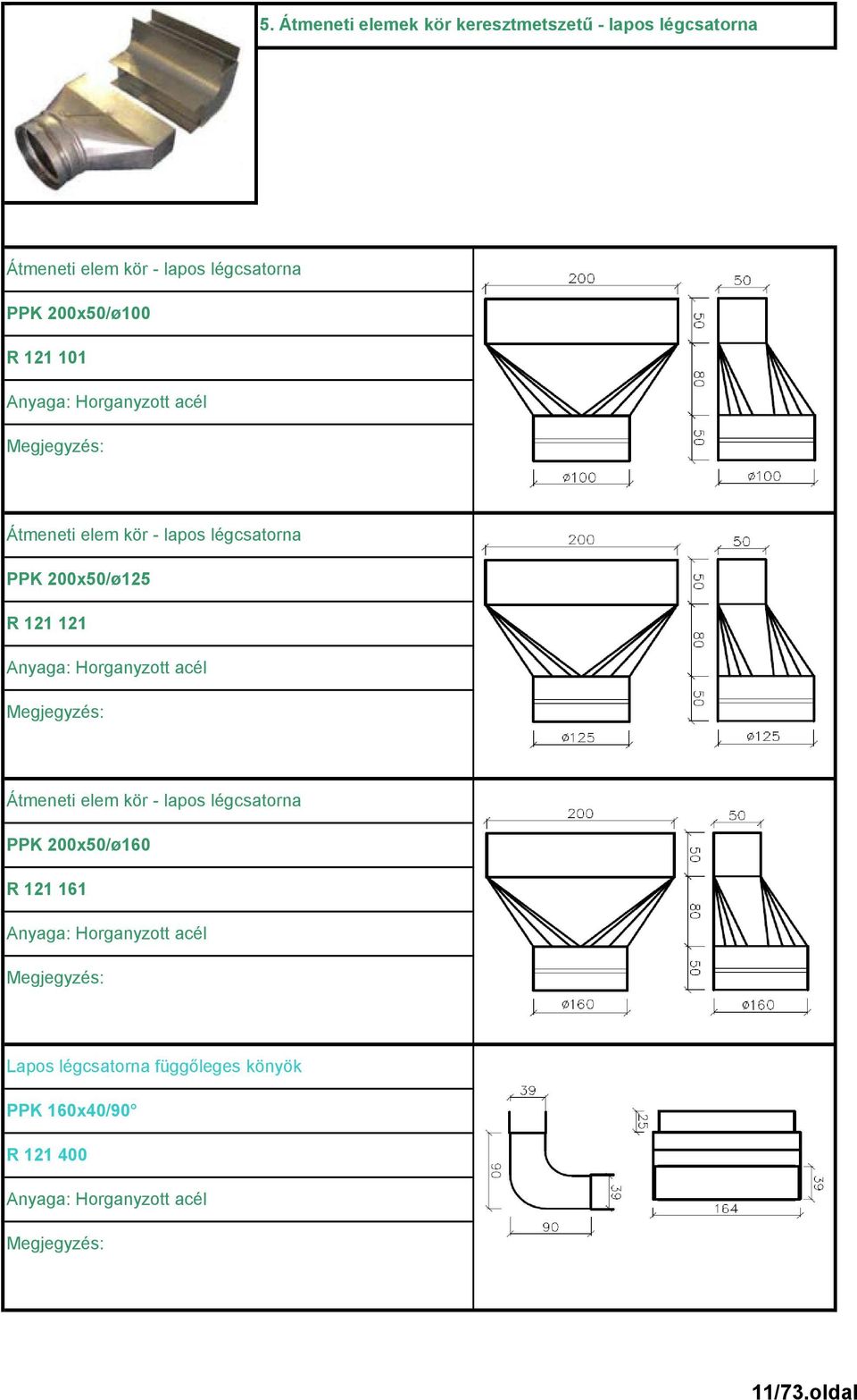 légcsatorna PPK 200x50/ø 125 R 121 121 Átmeneti elem kör - lapos légcsatorna PPK