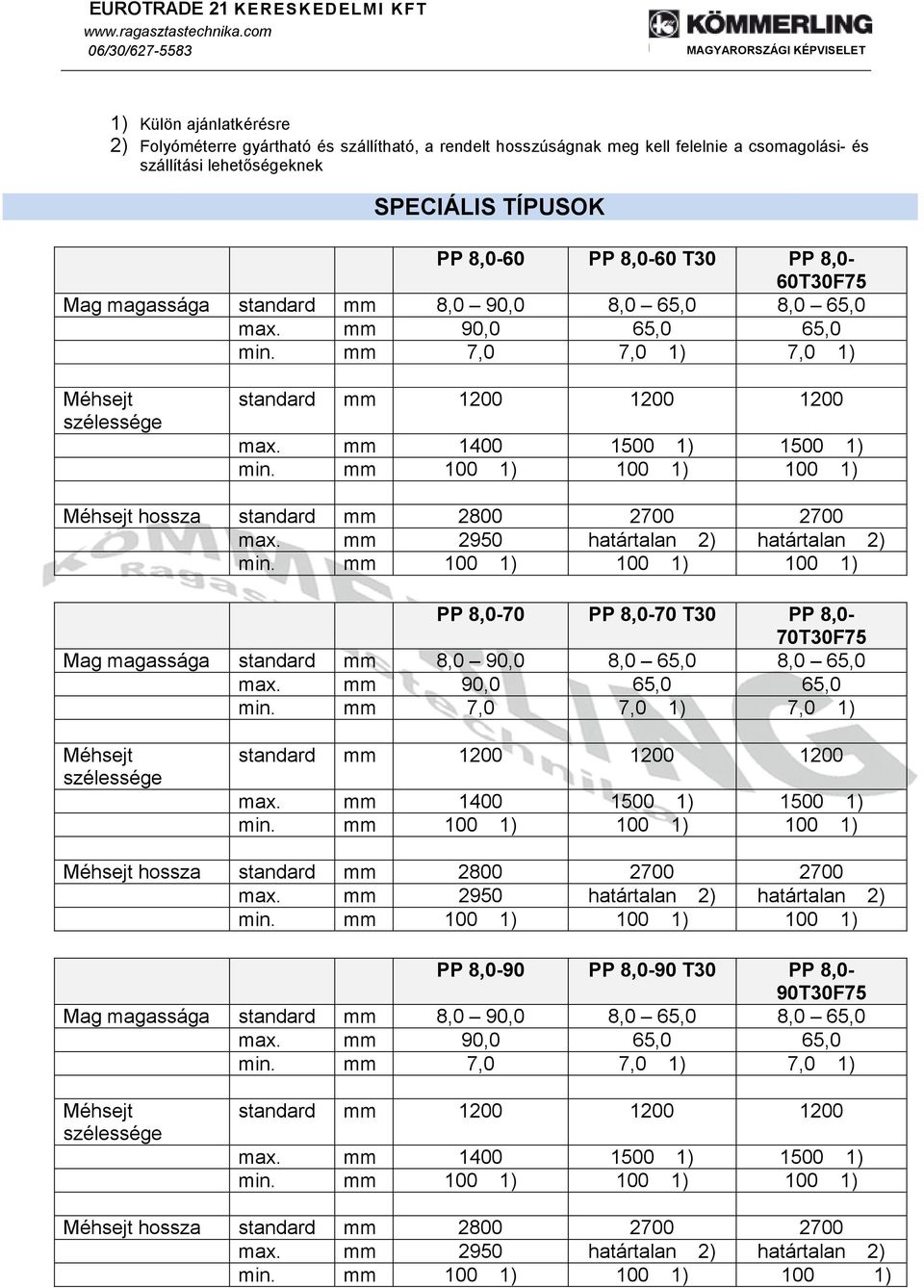 mm 7,0 7,0 1) 7,0 1) hossza standard mm 2800 2700 2700 PP 8,0-70 PP 8,0-70 T30 PP 8,0-70T30F75 Mag magassága standard mm 8,0 90,0 8,0 65,0 8,0 65,0 max.