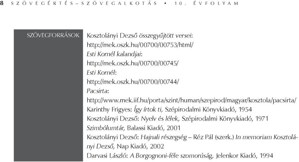 hu/porta/szint/human/szepirod/magyar/kosztola/pacsirta/ Karinthy Frigyes: Így írtok ti, Szépirodalmi Könyvkiadó, 1954 Kosztolányi Dezső: Nyelv és lélek, Szépirodalmi