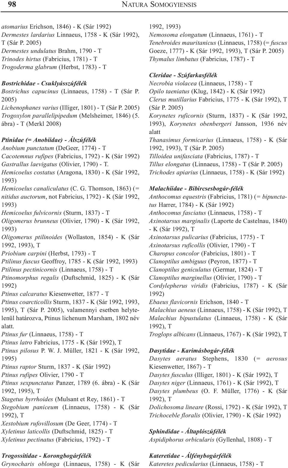 2005) Lichenophanes varius (Illiger, 1801) - T (Sár P. 2005) Trogoxylon parallelipipedum (Melsheimer, 1846) (5.