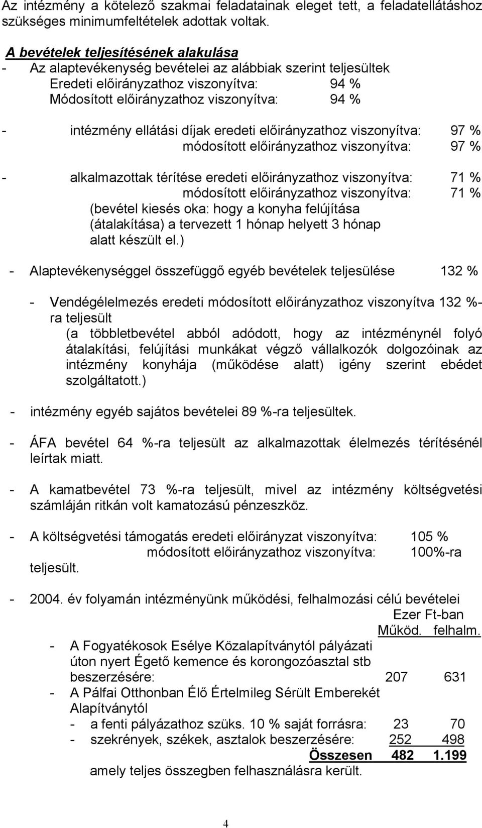 ellátási díjak eredeti előirányzathoz viszonyítva: 97 % módosított előirányzathoz viszonyítva: 97 % - alkalmazottak térítése eredeti előirányzathoz viszonyítva: 71 % módosított előirányzathoz