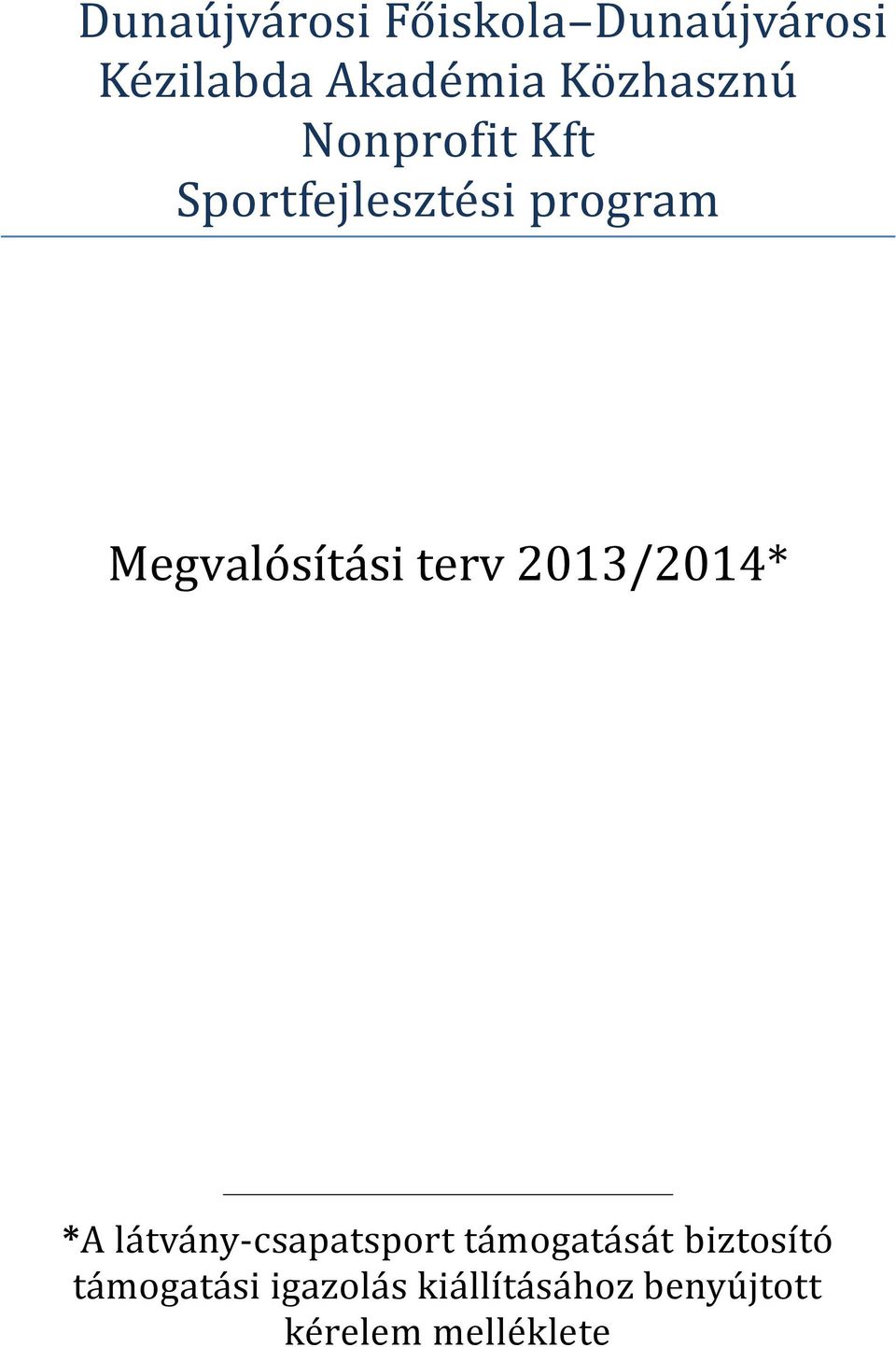 Megvalósítási terv 2013/2014* *A látvány-csapatsport