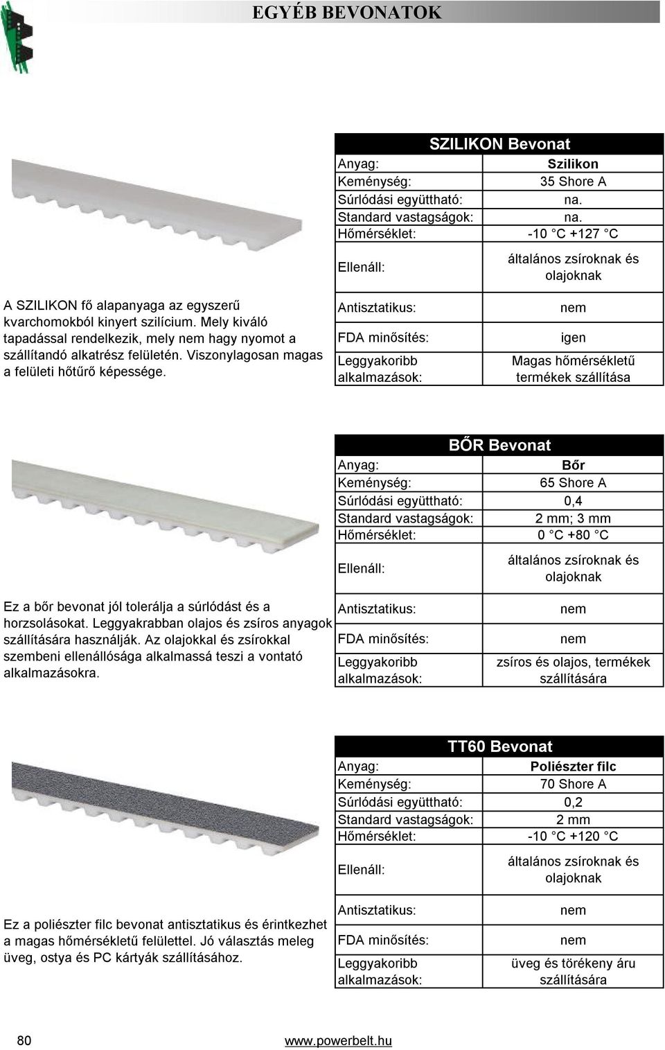 igen Magas hőmérsékletű termékek szállítása BŐR Bevonat Bőr 65 Shore A Súrlódási együttható: 0,4 2 mm; 3 mm Hőmérséklet: 0 C +80 C Ez a bőr bevonat jól tolerálja a súrlódást és a horzsolásokat.