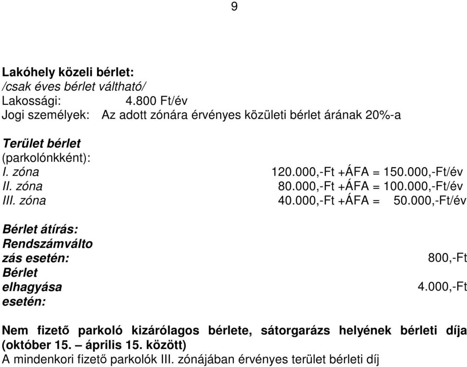 000,-Ft +ÁFA = 150.000,-Ft/év II. zóna 80.000,-Ft +ÁFA = 100.000,-Ft/év III. zóna 40.000,-Ft +ÁFA = 50.