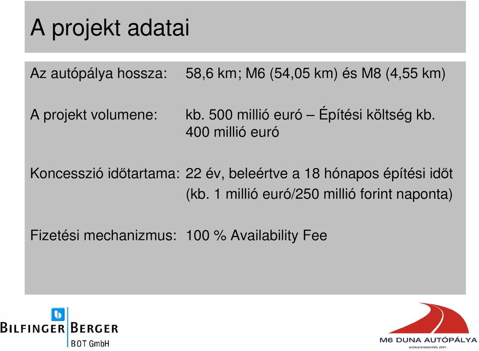 400 millió euró Koncesszió idıtartama: 22 év, beleértve a 18 hónapos építési