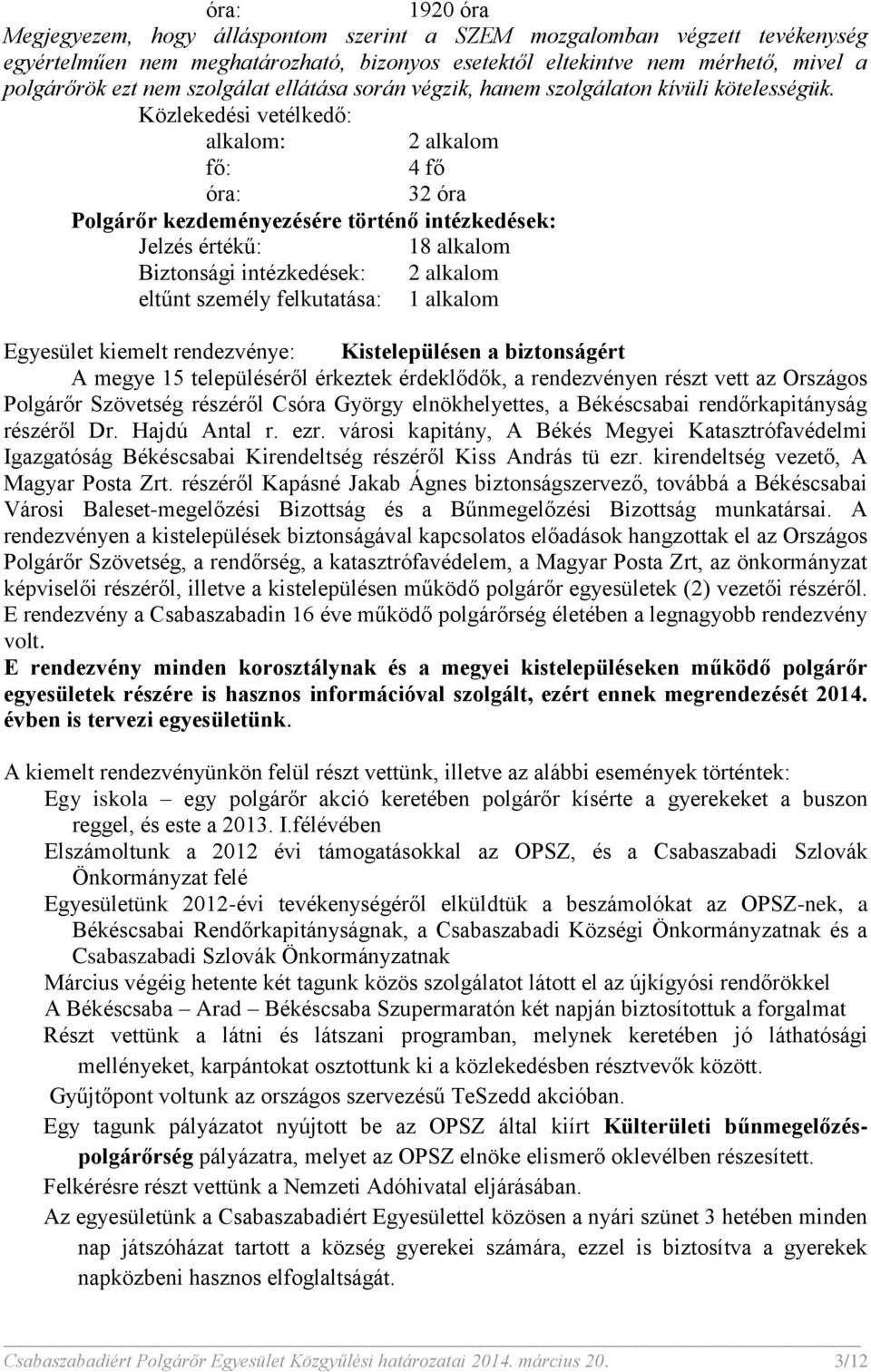 Közlekedési vetélkedő: alkalom: 2 alkalom fő: 4 fő óra: 32 óra Polgárőr kezdeményezésére történő intézkedések: Jelzés értékű: 18 alkalom Biztonsági intézkedések: 2 alkalom eltűnt személy felkutatása: