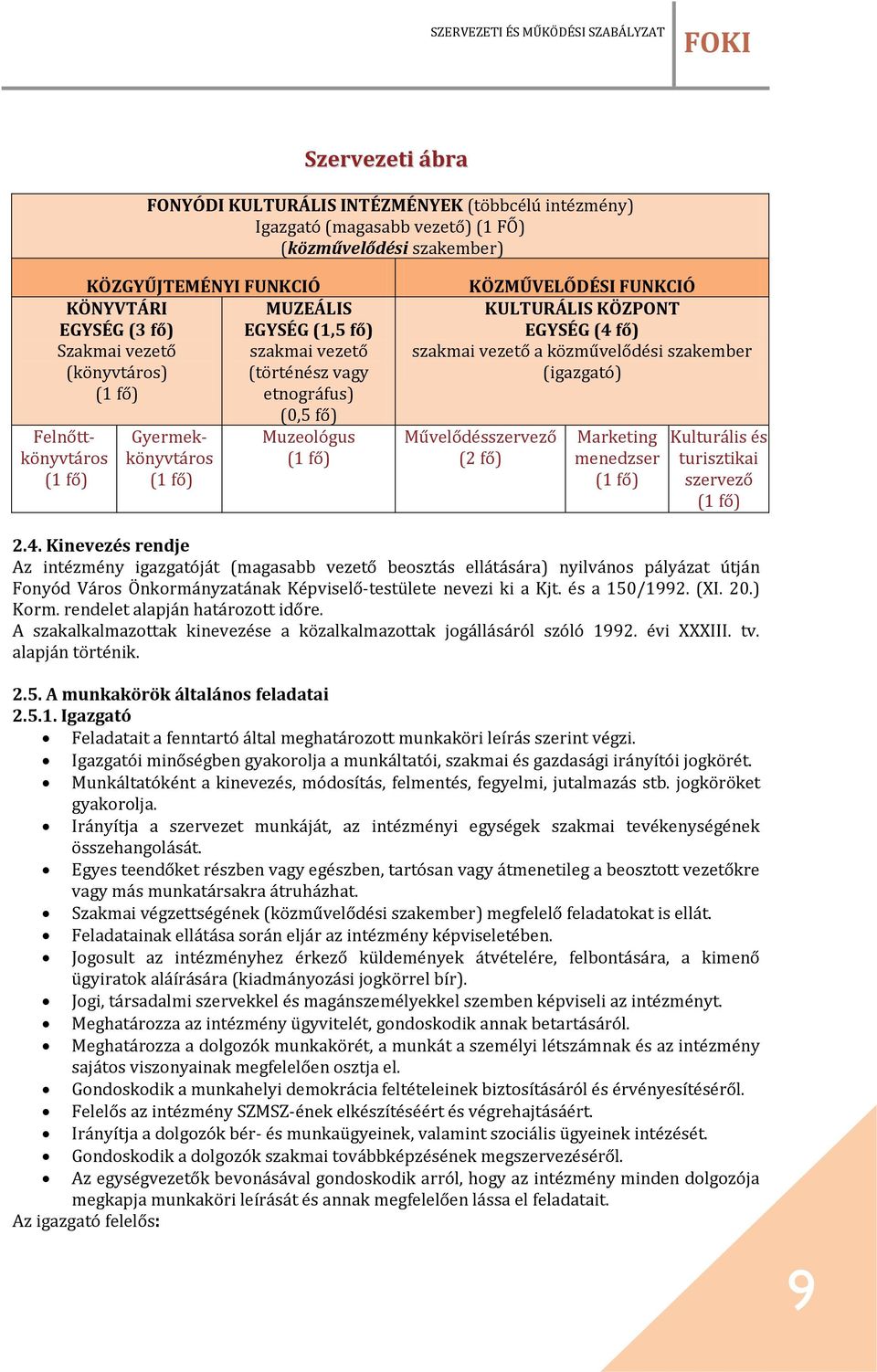 KÖZPONT EGYSÉG (4 fő) szakmai vezető a közművelődési szakember (igazgató) Művelődésszervező (2 fő) Marketing menedzser (1 fő) Kulturális és turisztikai szervező (1 fő) 2.4. Kinevezés rendje Az intézmény igazgatóját (magasabb vezető beosztás ellátására) nyilvános pályázat útján Fonyód Város Önkormányzatának Képviselő-testülete nevezi ki a Kjt.