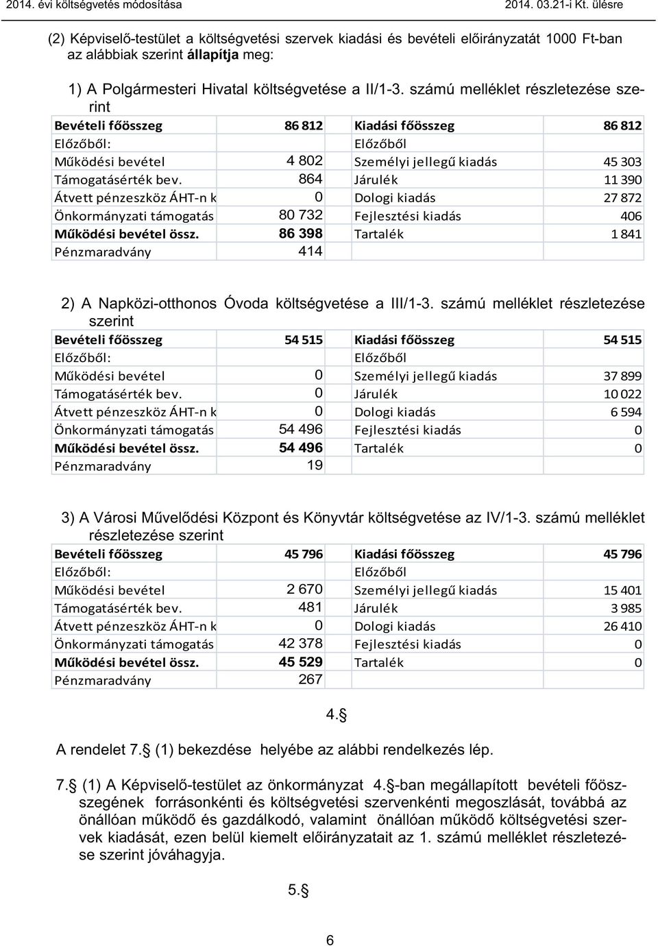 számú melléklet részletezése szerint Bevételi f összeg 86 812 Kiadási f összeg 86 812 El z b l: El z b l M ködési bevétel 4 802 Személyi jelleg kiadás 45 303 Támogatásérték bev.