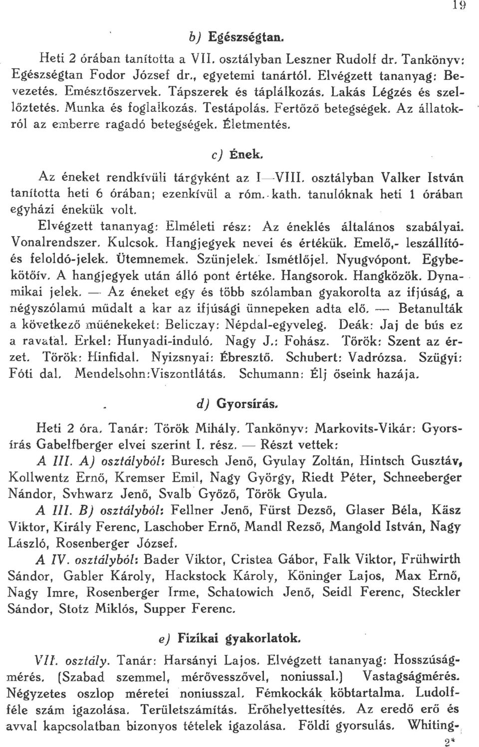 A z éneket rendkívüi tárgyként az I- VIII. osztáyban Vaker István tanította heti 6 órában; ezenkívü a róm.. kath. tanuóknak heti 1 órában egyházi énekük vo t.