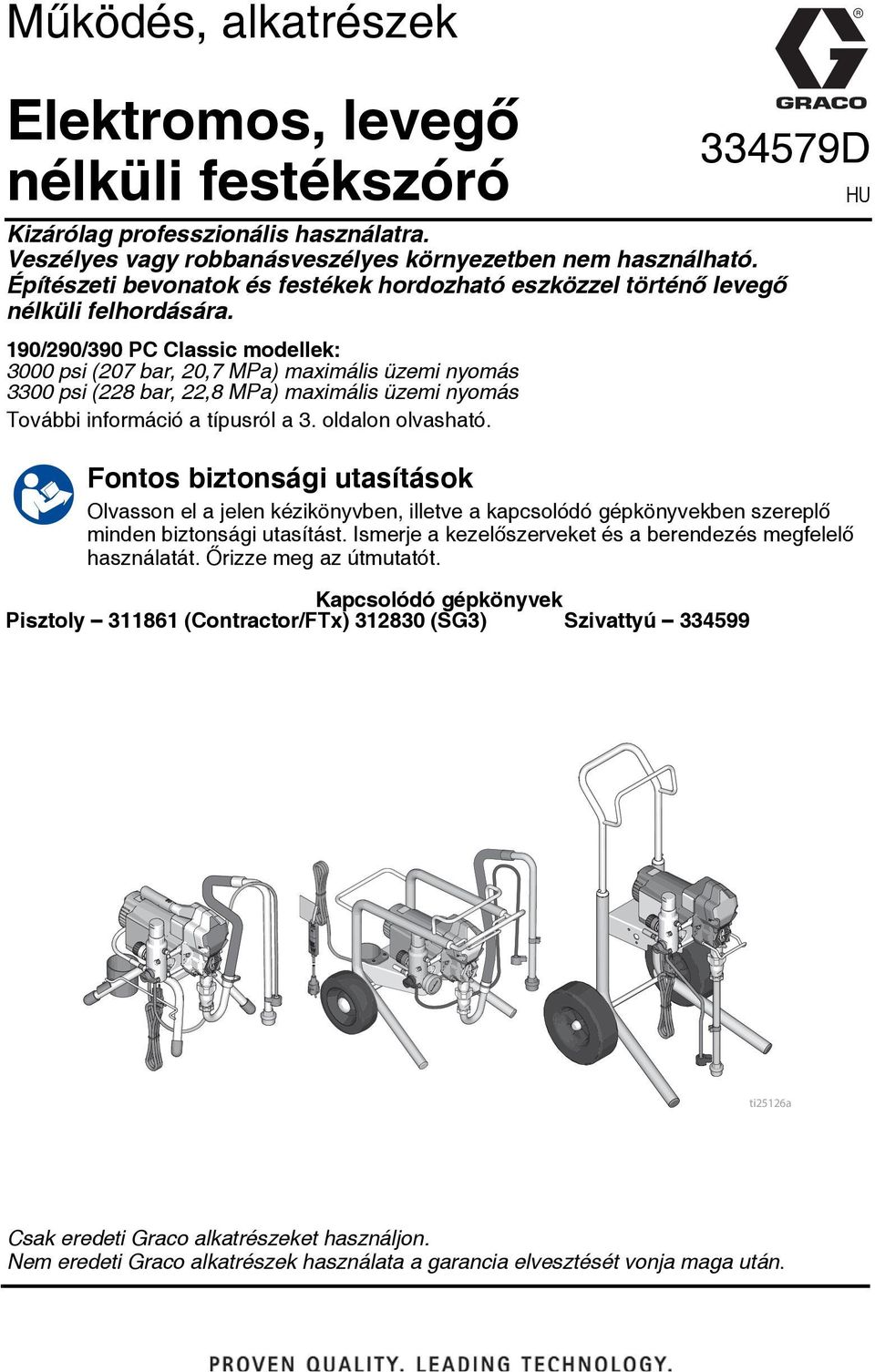 90/290/390 PC Classic modellek: 3000 psi (207 bar, 20,7 MPa) maximális üzemi nyomás 3300 psi (228 bar, 22,8 MPa) maximális üzemi nyomás További információ a típusról a 3. oldalon olvasható.