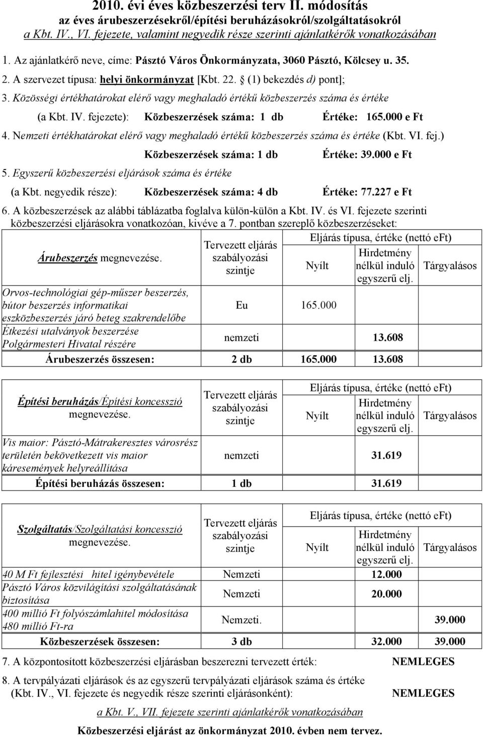 A szervezet típusa: helyi önkormányzat [Kbt. 22. (1) bekezdés d) pont]; 3. Közösségi értékhatárokat elérő vagy meghaladó értékű közbeszerzés száma és értéke (a Kbt. IV.