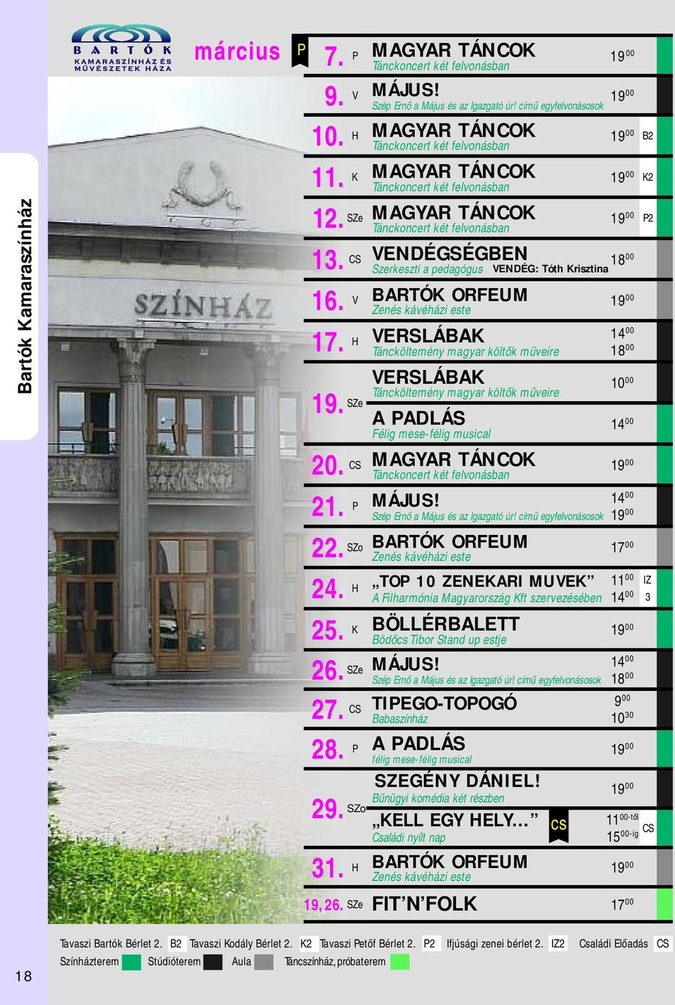 VENDÉGSÉGBEN CS 00 19 B2 00 19 K2 00 19 P2 18 00 Szerkeszti a pedagógus VENDÉG: Tóth Krisztina 16. BARTÓK ORFEUM V Zenés kávéházi este 17.