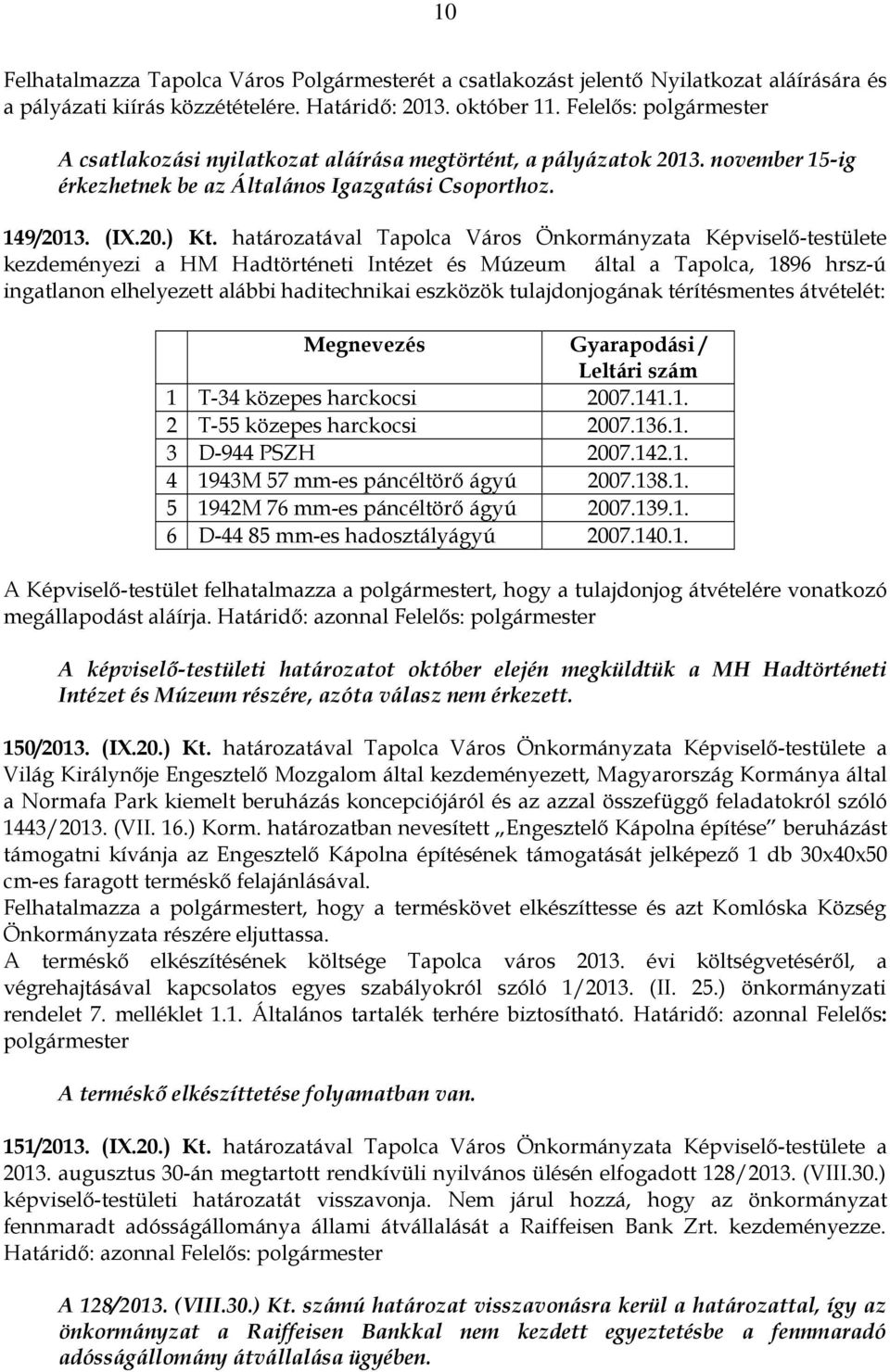 határozatával Tapolca Város Önkormányzata Képviselő-testülete kezdeményezi a HM Hadtörténeti Intézet és Múzeum által a Tapolca, 1896 hrsz-ú ingatlanon elhelyezett alábbi haditechnikai eszközök