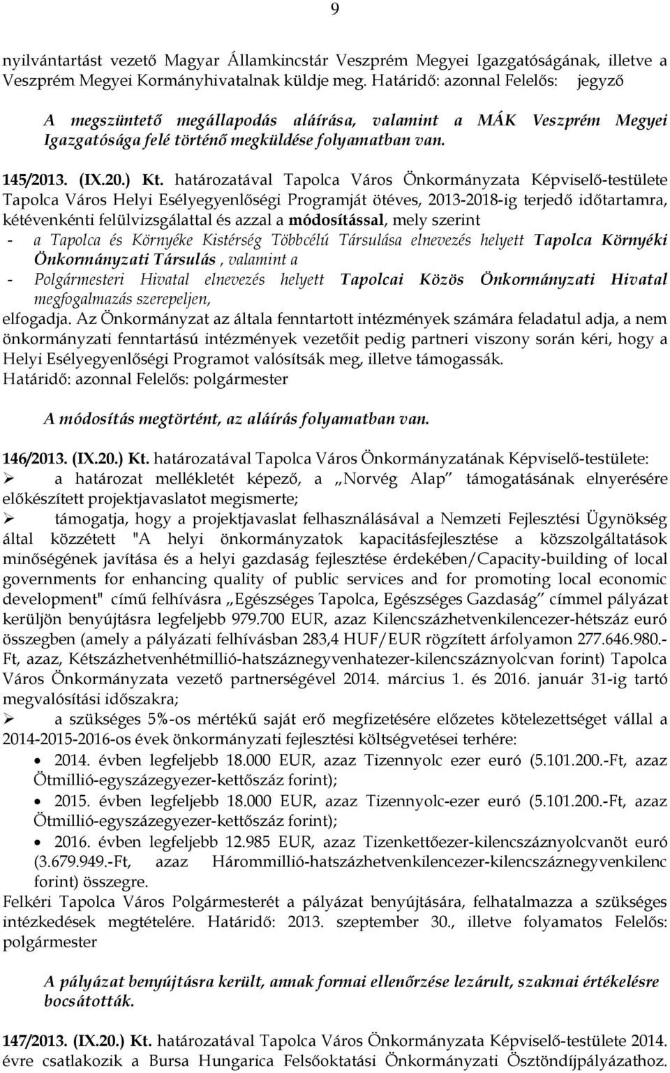 határozatával Tapolca Város Önkormányzata Képviselő-testülete Tapolca Város Helyi Esélyegyenlőségi Programját ötéves, 2013-2018-ig terjedő időtartamra, kétévenkénti felülvizsgálattal és azzal a