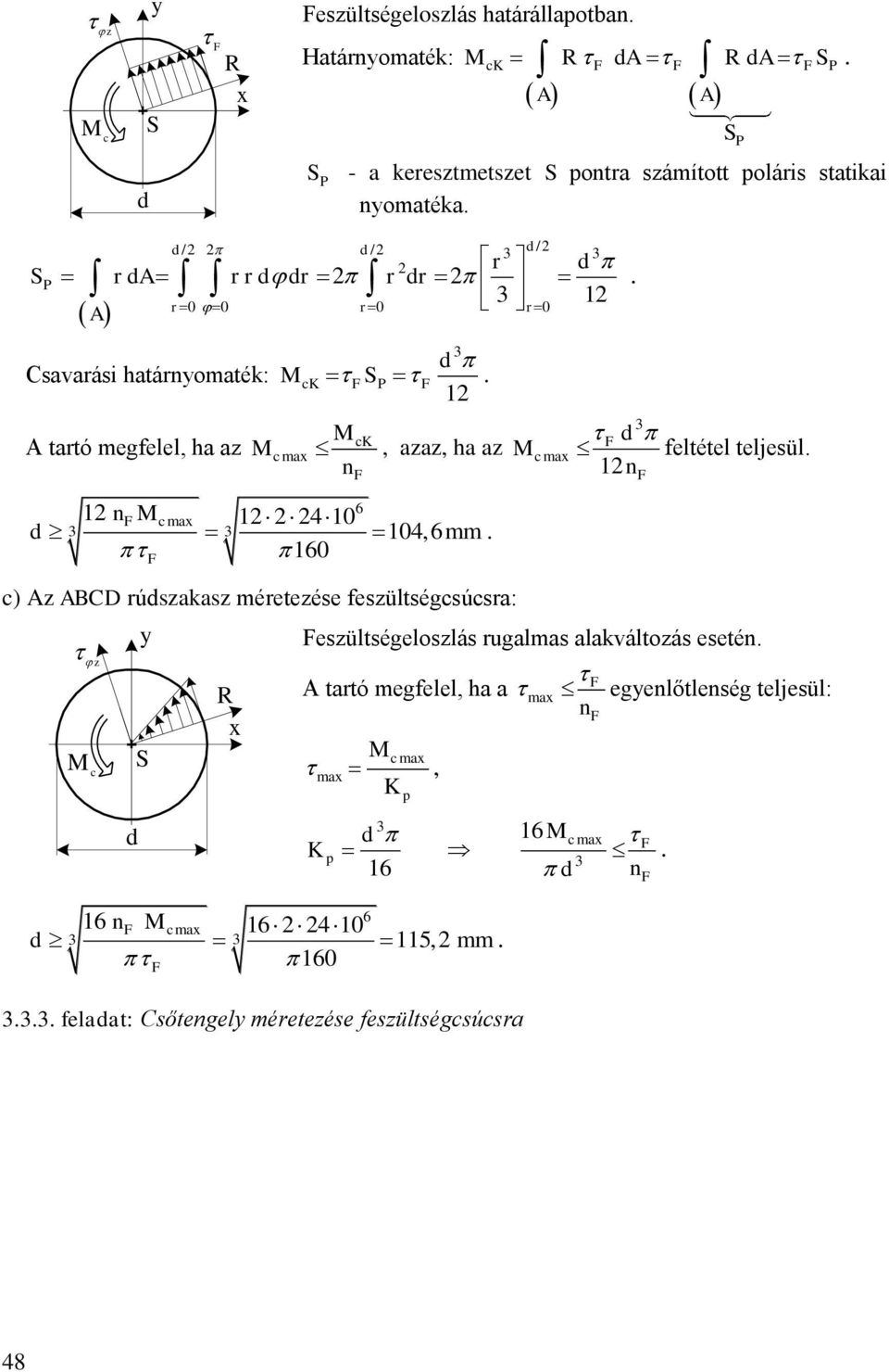 cma 4 6mm c) A ABCD rúdsakas méreteése fesültségcsúcsra: d c d S R cma d feltétel teljesül n esültségeloslás rugalmas alakváltoás esetén