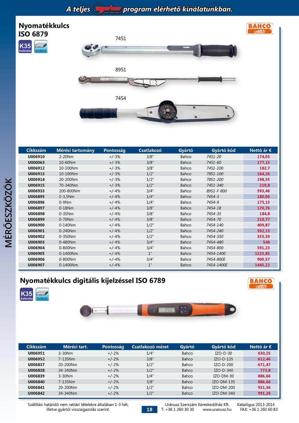 +/-3% 1/2" Bahco 7451-340 219,8 U006933 200-800Nm +/-4% 3/4" Bahco 8951-F-800 593,46 U006895 0-3,5Nm +/-4% 1/4" Bahco 7454-3 180,06 U006896 0-9Nm +/-4% 1/4" Bahco 7454-9 175,15 U006897 0-18Nm +/-4%