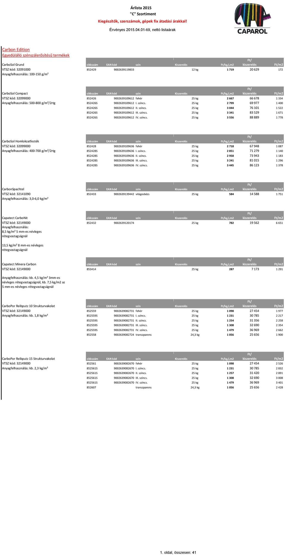 100-150 g/m² CarboSol Compact cikkszám EAN kód szín Kiszerelés kg,l,m2 VTSZ kód: 32099000 852426 9002639109612 fehér 25 kg 2 667 66 678 1 334 500-800 g/m²/2rtg 852426S 9002639109612 I. színcs.