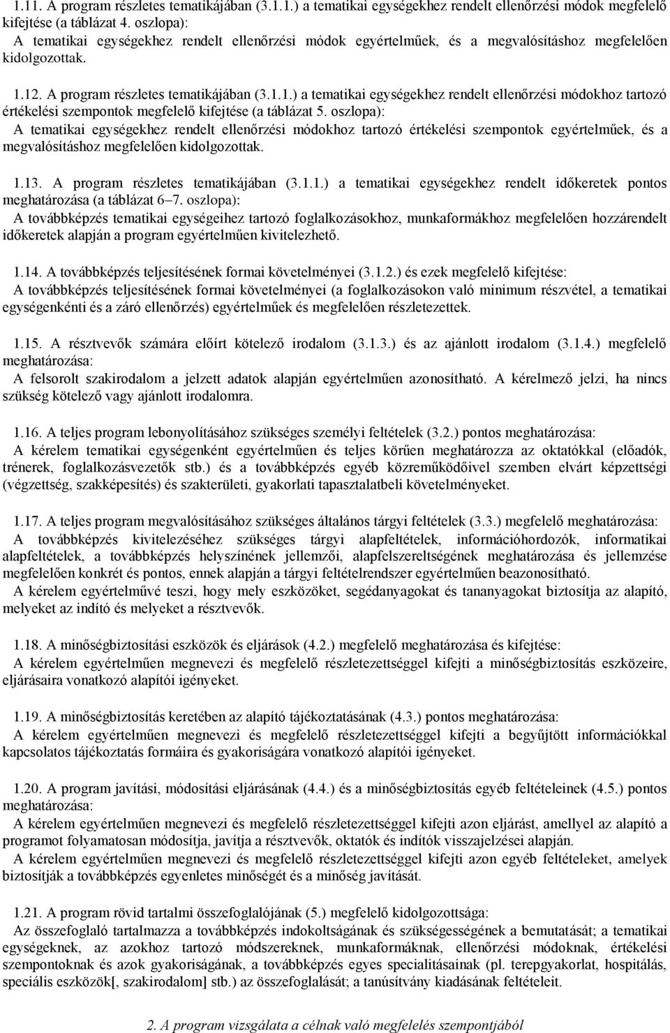 12. A program részletes tematikájában (3.1.1.) a tematikai egységekhez rendelt ellenőrzési módokhoz tartozó értékelési szempontok megfelelő kifejtése (a táblázat 5.