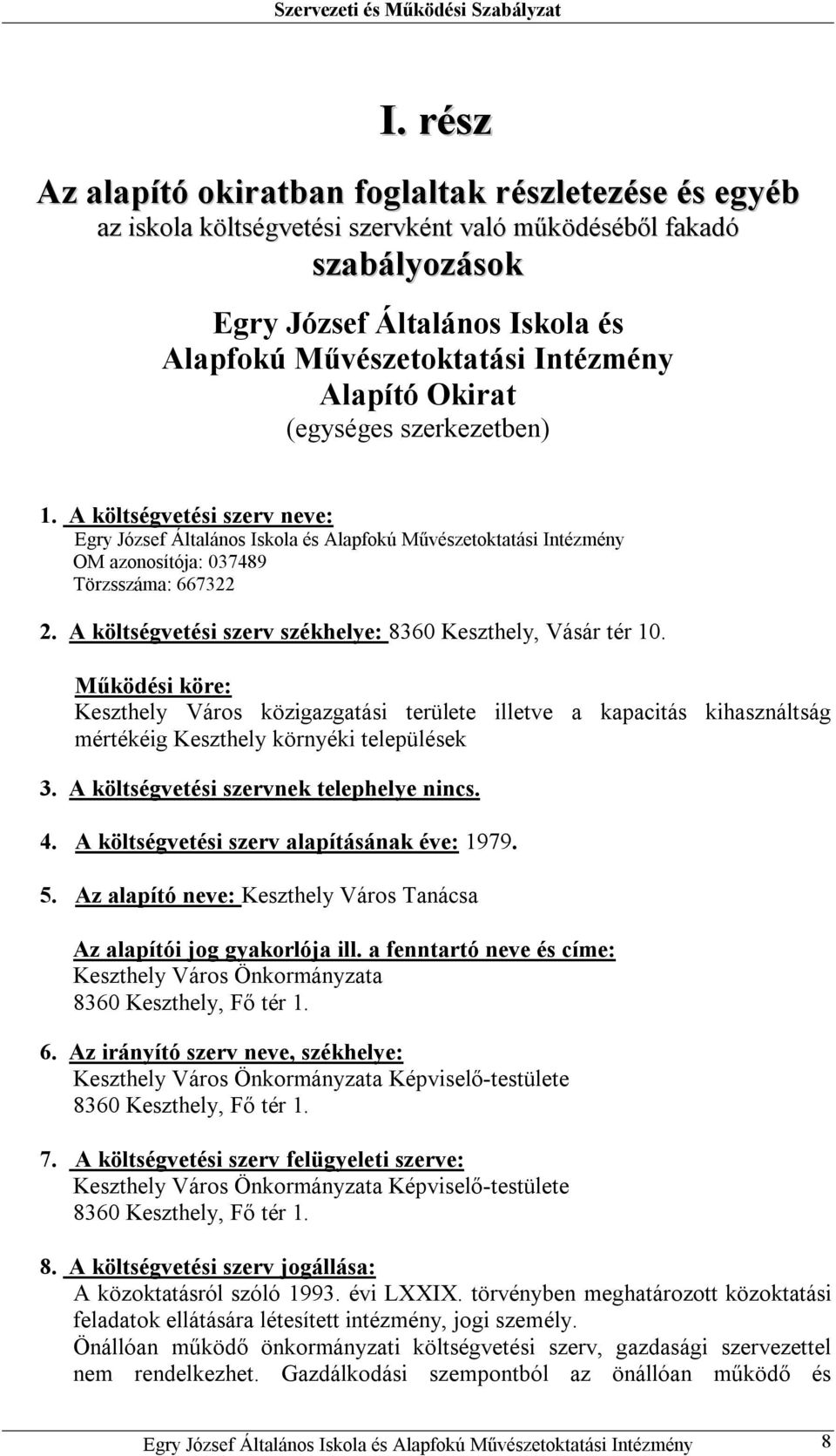 A költségvetési szerv székhelye: 8360 Keszthely, Vásár tér 10. Működési köre: Keszthely Város közigazgatási területe illetve a kapacitás kihasználtság mértékéig Keszthely környéki települések 3.