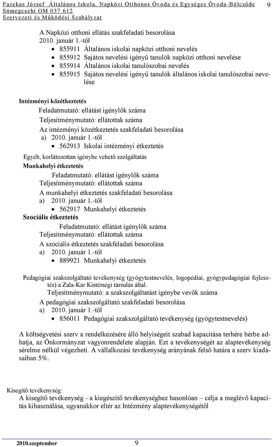 tanulók általános iskolai tanulószobai nevelése Intézményi közétkeztetés Feladatmutató: ellátást igénylők száma Teljesítménymutató: ellátottak száma Az intézményi közétkeztetés szakfeladati