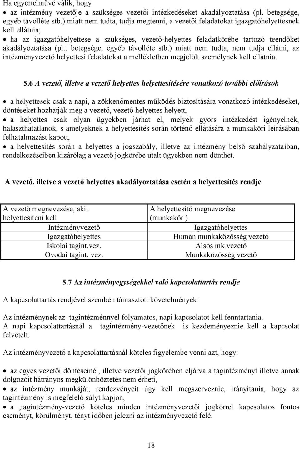 : betegsége, egyéb távolléte stb.) miatt nem tudta, nem tudja ellátni, az intézményvezető helyettesi feladatokat a mellékletben megjelölt személynek kell ellátnia. 5.