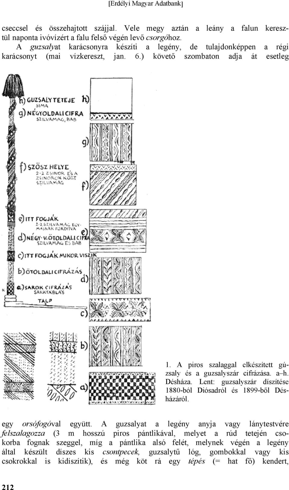 A piros szalaggal elkészített gúzsaly és a guzsalyszár cifrázása. a h. Désháza. Lent: guzsalyszár díszítése 1880-ból Diósadról és 1899-ből Désházáról. egy orsófogóval együtt.