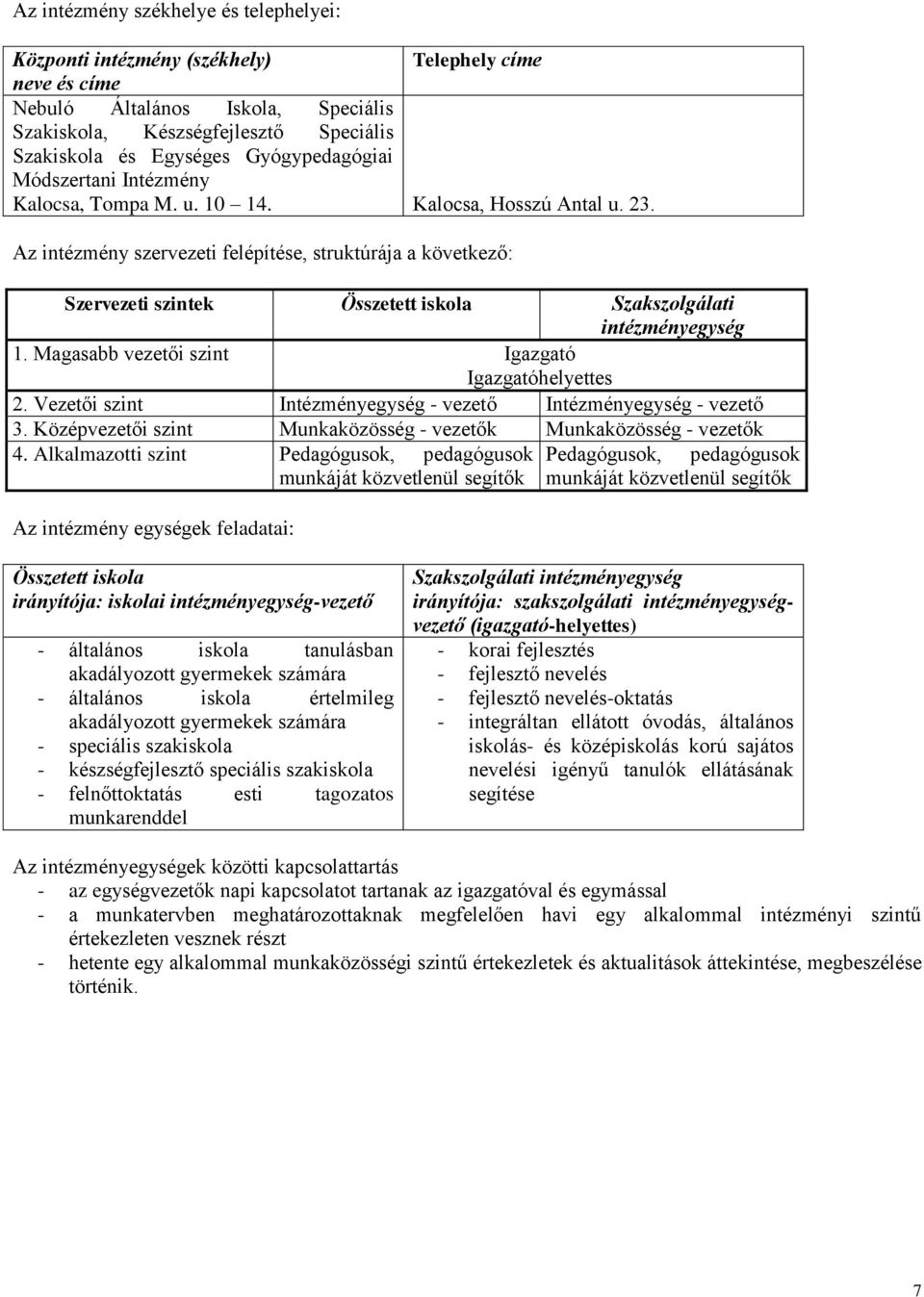 Az intézmény szervezeti felépítése, struktúrája a következő: Szervezeti szintek Összetett iskola Szakszolgálati intézményegység 1. Magasabb vezetői szint Igazgató Igazgatóhelyettes 2.