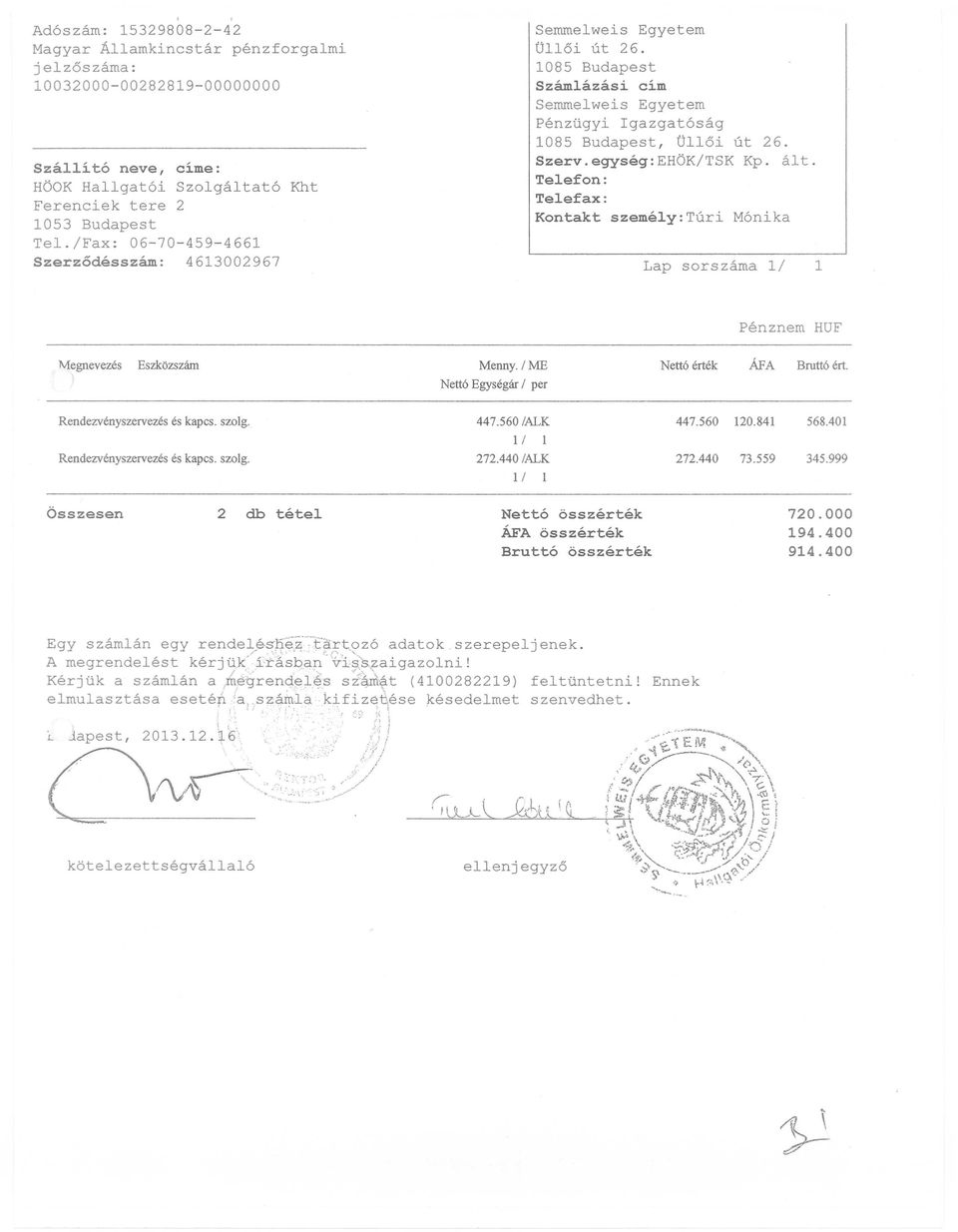 egység:EHÖK/TSK Kp. ált. Telefon: Telefax: Kontakt személy:túri Mónika Menny. IME Nettó Egységár I per 447.560/ALK II 1 272.440/ALK 1I 1 Nettó összérték ÁFA összérték Bruttó összérték 720.000 194.