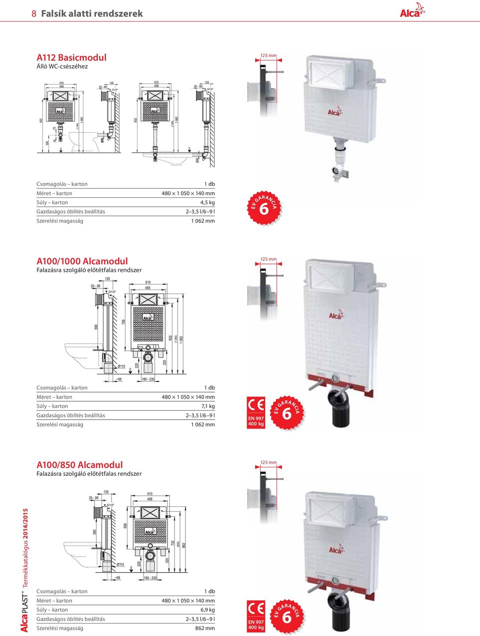 magasság 480 1 050 140 mm 7,1 kg 2 3,5 l/6 9 l 1 062 mm EN 997 400 kg ÉV GARANCIA 6 A100/850 Alcamodul Falazásra szolgáló előtétfalas rendszer