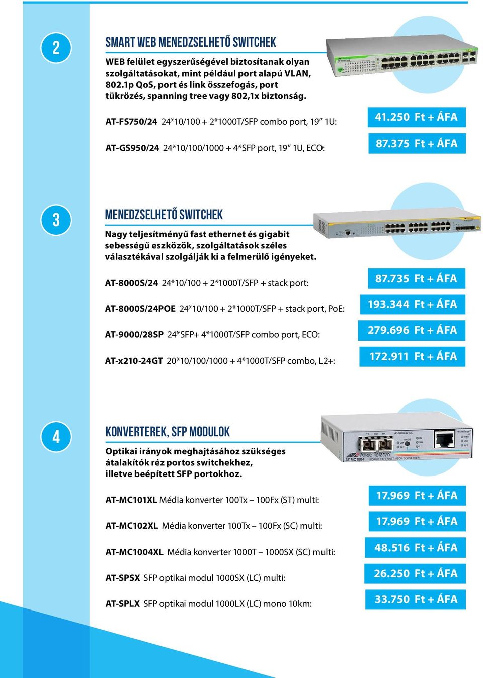 250 Ft + ÁFA AT-GS950/24 24*10/100/1000 + 4*SFP port, 19 1U, ECO: 87.