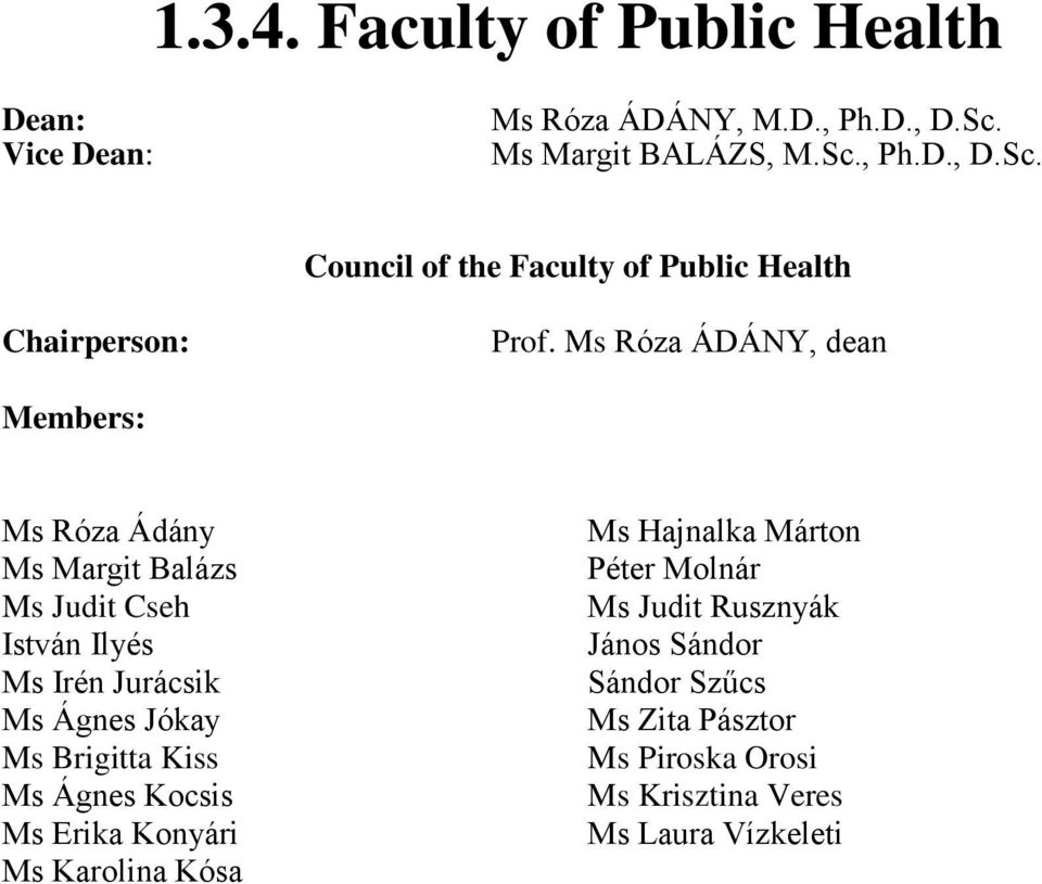 Ms Róza ÁDÁNY, dean Members: Ms Róza Ádány Ms Margit Balázs Ms Judit Cseh István Ilyés Ms Irén Jurácsik Ms Ágnes Jókay Ms