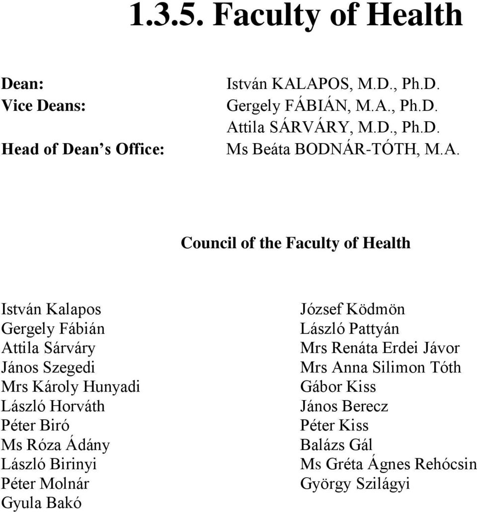 Council of the Faculty of Health István Kalapos Gergely Fábián Attila Sárváry János Szegedi Mrs Károly Hunyadi László Horváth Péter