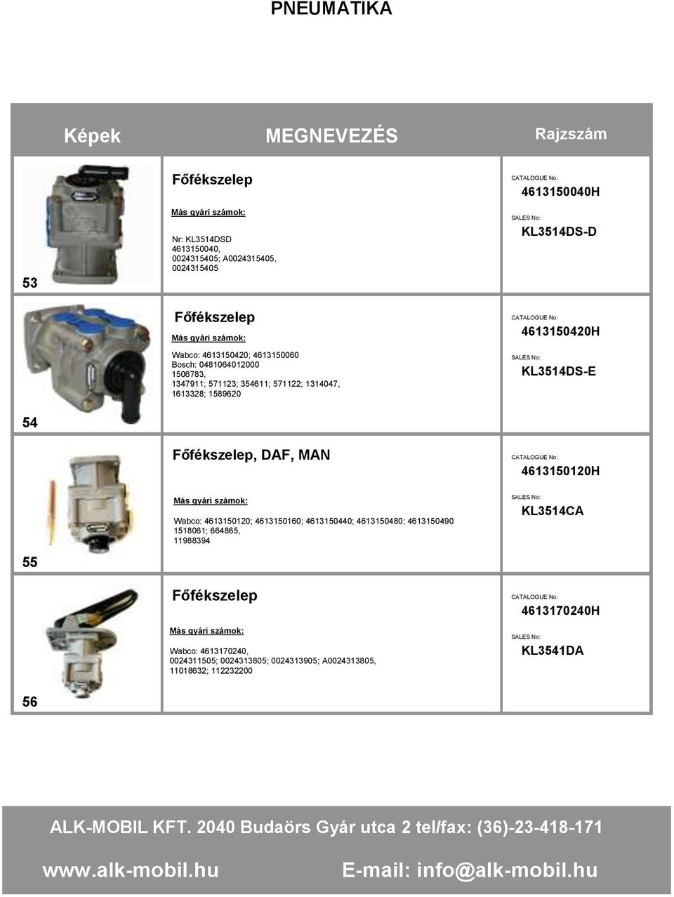 KL3514DS-E 54 Főfékszelep, DAF, MAN 4613150120H 55 Wabco: 4613150120; 4613150160; 4613150440; 4613150480; 4613150490 1518061;