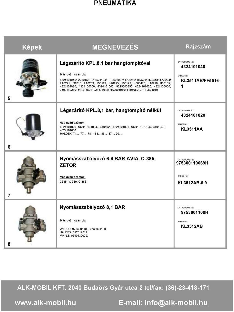 4324100000; 4324101000; 9325000350; 4324101000; 4324100000; 75021; 2210154; 215521102; 371012; RX0608010; TT0608010; TT0608010 4324101040 KL3511AB/FF5516-1 5 8,1 bar, hangtompító nélkül