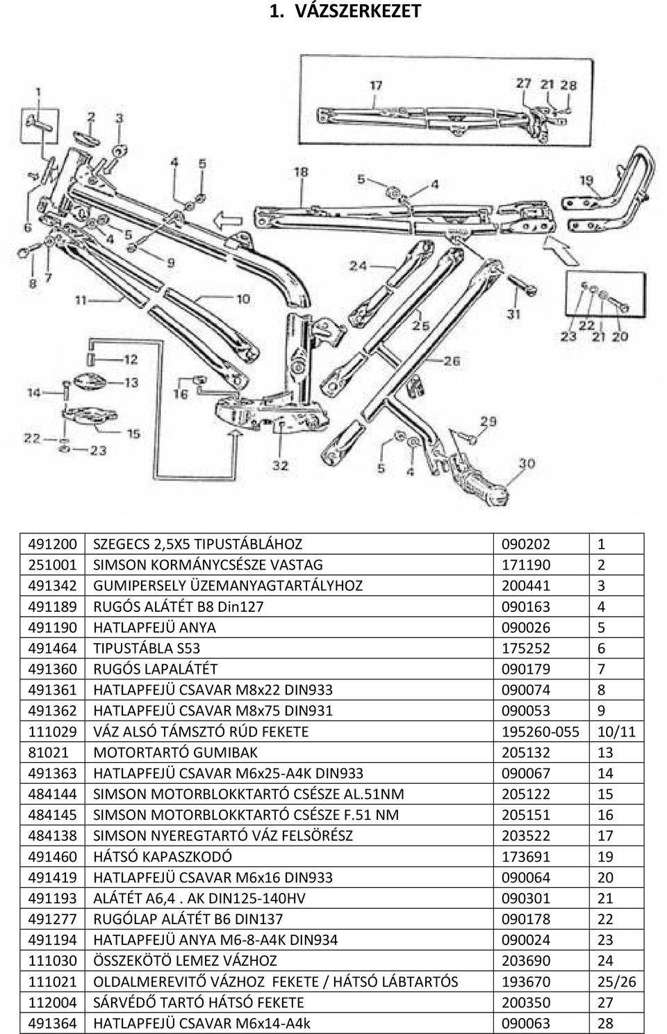 TÁMSZTÓ RÚD FEKETE 195260-055 10/11 81021 MOTORTARTÓ GUMIBAK 205132 13 491363 HATLAPFEJÜ CSAVAR M6x25-A4K DIN933 090067 14 484144 SIMSON MOTORBLOKKTARTÓ CSÉSZE AL.