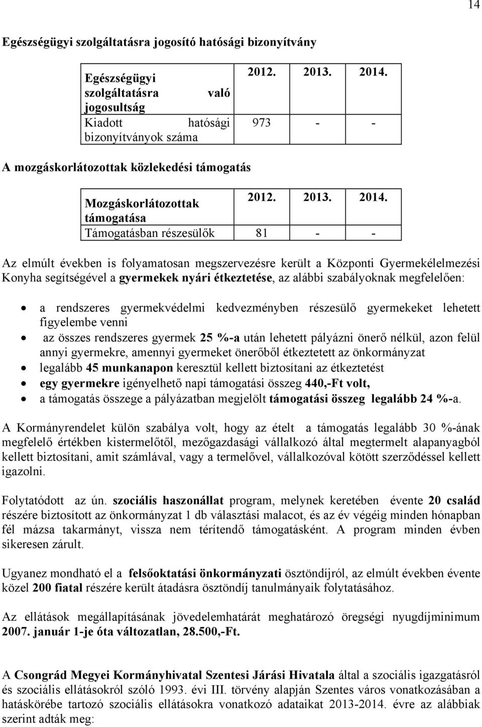 támogatása Támogatásban részesülők 81 - - Az elmúlt években is folyamatosan megszervezésre került a Központi Gyermekélelmezési Konyha segítségével a gyermekek nyári étkeztetése, az alábbi