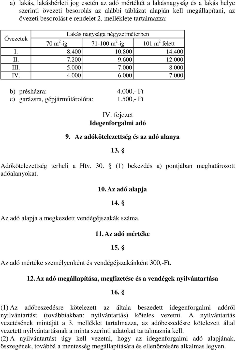 000,- Ft c) garázsra, gépjárműtárolóra: 1.500,- Ft IV. fejezet Idegenforgalmi adó 9. Az adókötelezettség és az adó alanya 13. Adókötelezettség terheli a Htv. 30.