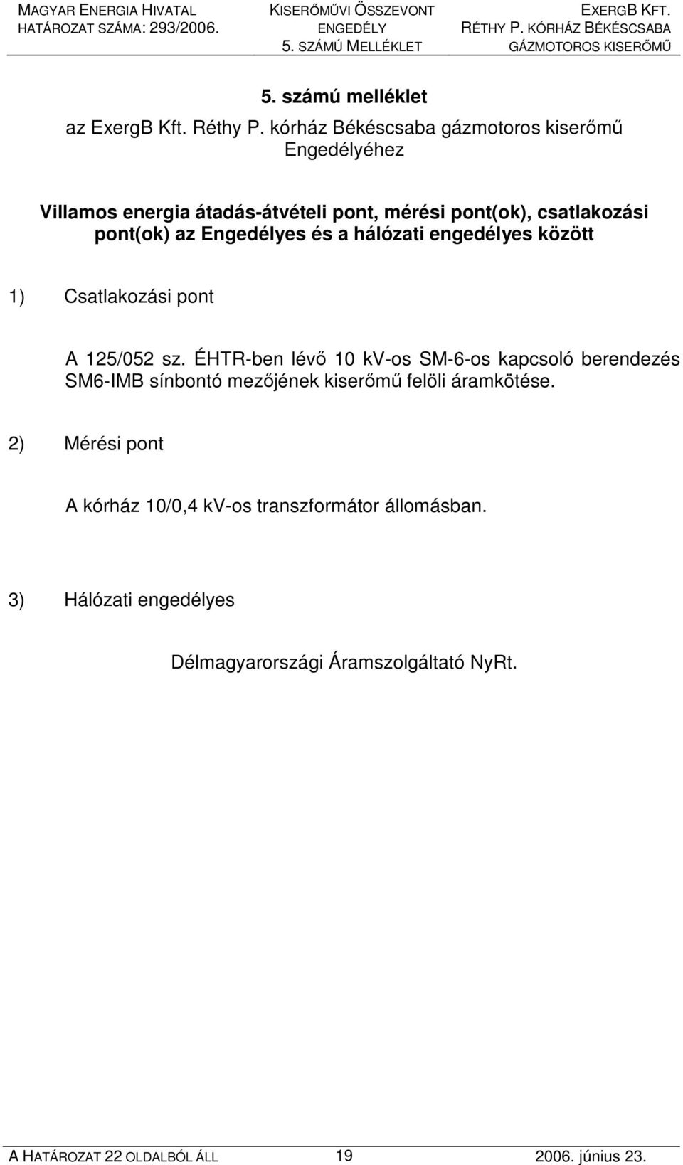 Engedélyes és a hálózati engedélyes között 1) Csatlakozási pont A 125/052 sz.