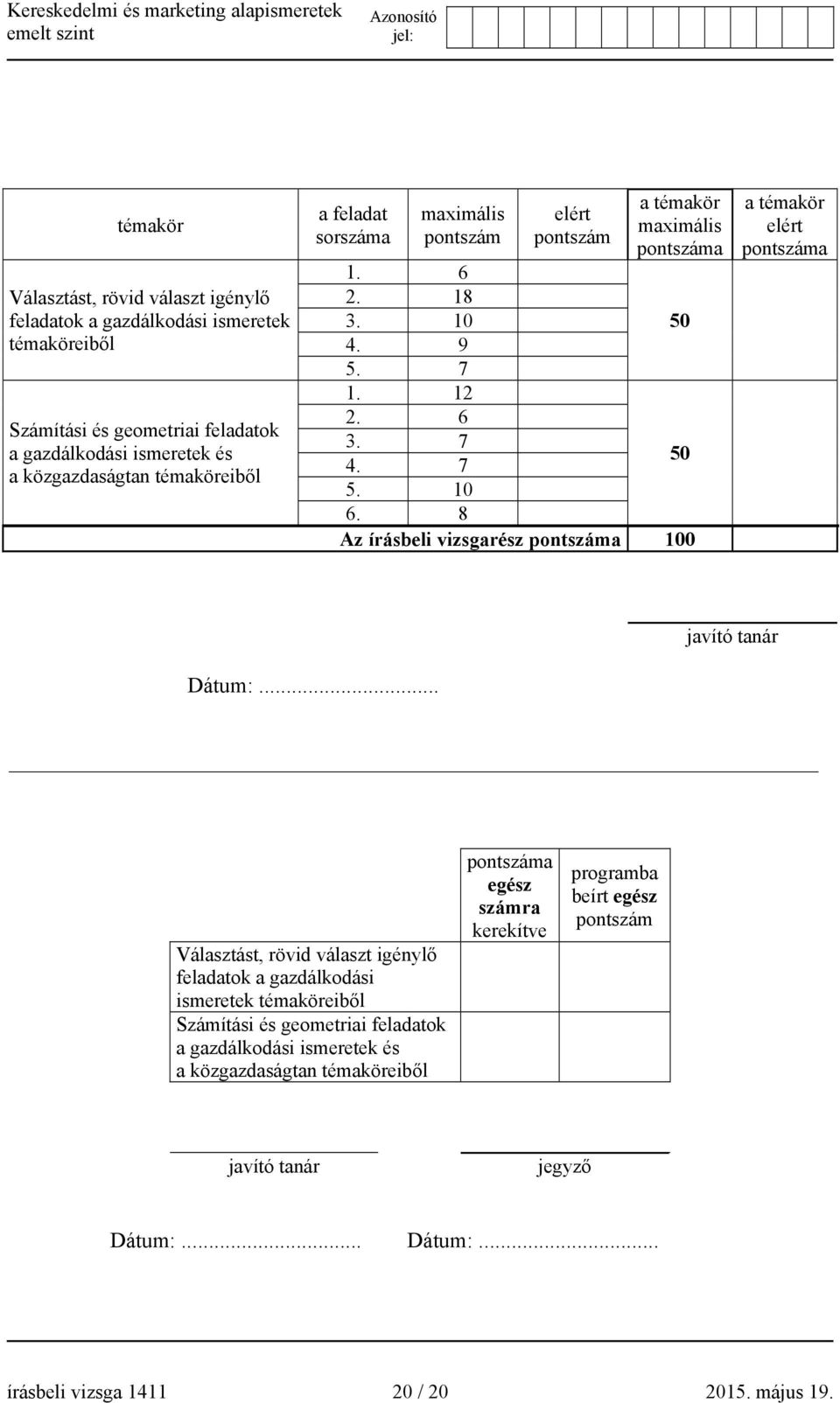 8 Az írásbeli vizsgarész pontszáma 100 a témakör elért pontszáma javító tanár Dátum:.