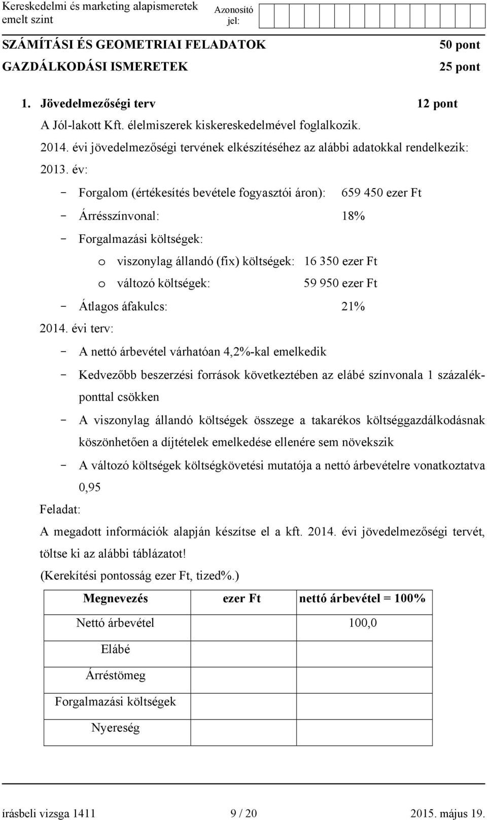 év: - Forgalom (értékesítés bevétele fogyasztói áron): 659 450 ezer Ft - Árrésszínvonal: 18% - Forgalmazási költségek: o viszonylag állandó (fix) költségek: 16 350 ezer Ft o változó költségek: 59 950