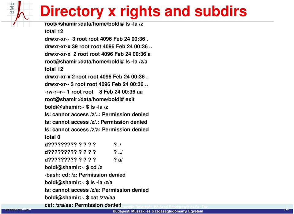 . -rw-r--r-- 1 root root 8 Feb 24 00:36 aa root@shamir:/data/home/boldi# exit boldi@shamir:~ $ ls -la /z ls: cannot access /z/..: Permission denied ls: cannot access /z/.