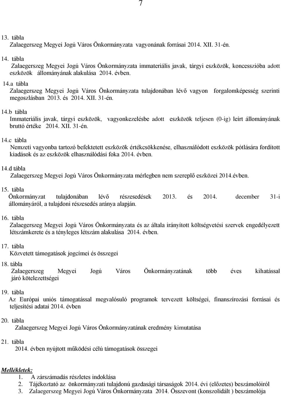 a tábla Zalaegerszeg Megyei Jogú Város Önkormányzata tulajdonában lévő vagyon forgalomképesség szerinti megoszlásban 2013. és 2014. XII. 31-én. 14.