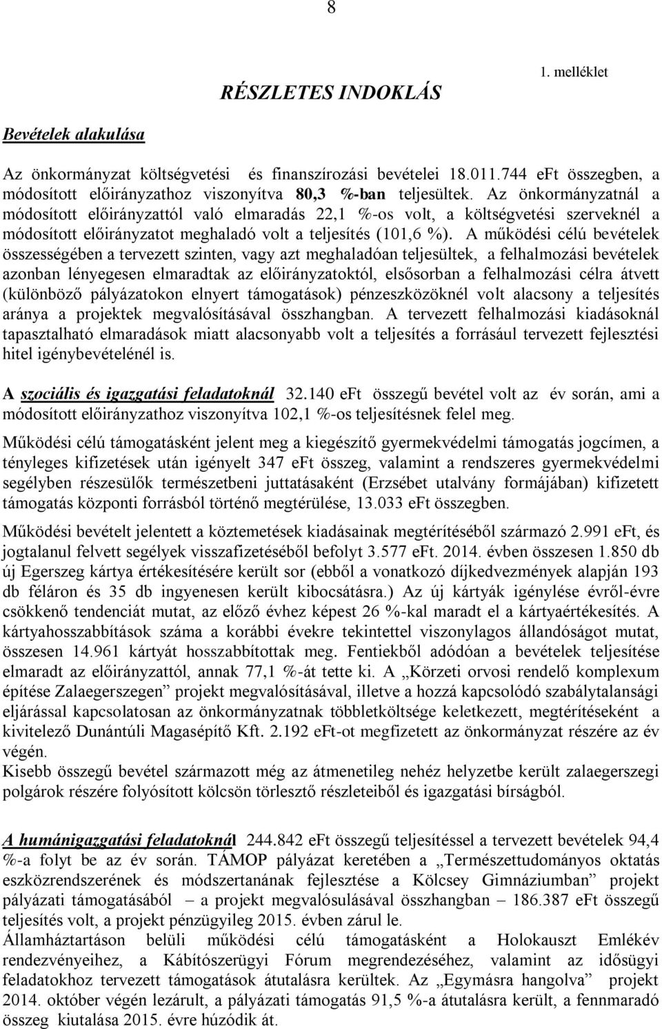 Az önkormányzatnál a módosított előirányzattól való elmaradás 22,1 %-os volt, a költségvetési szerveknél a módosított előirányzatot meghaladó volt a teljesítés (101,6 %).