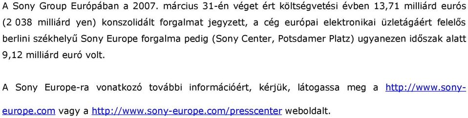 jegyzett, a cég európai elektrnikai üzletágáért felelős berlini székhelyű Sny Eurpe frgalma pedig (Sny Center,