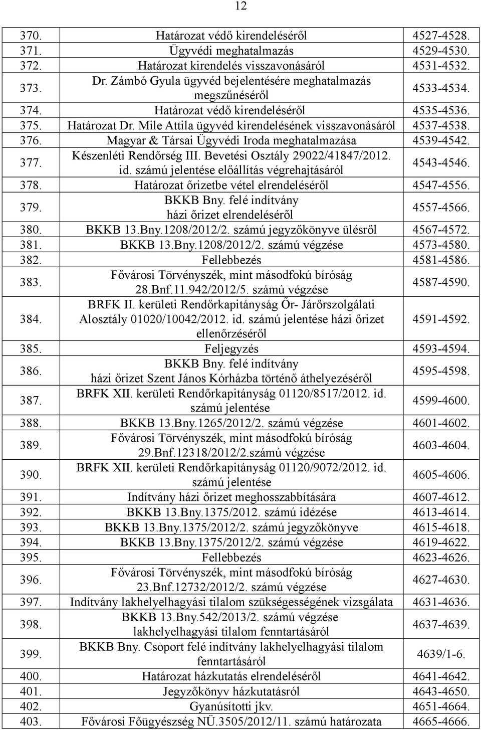 376. Magyar & Társai Ügyvédi Iroda meghatalmazása 4539-4542. 377. Készenléti Rendőrség III. Bevetési Osztály 29022/41847/2012. id. számú jelentése előállítás végrehajtásáról 4543-4546. 378.